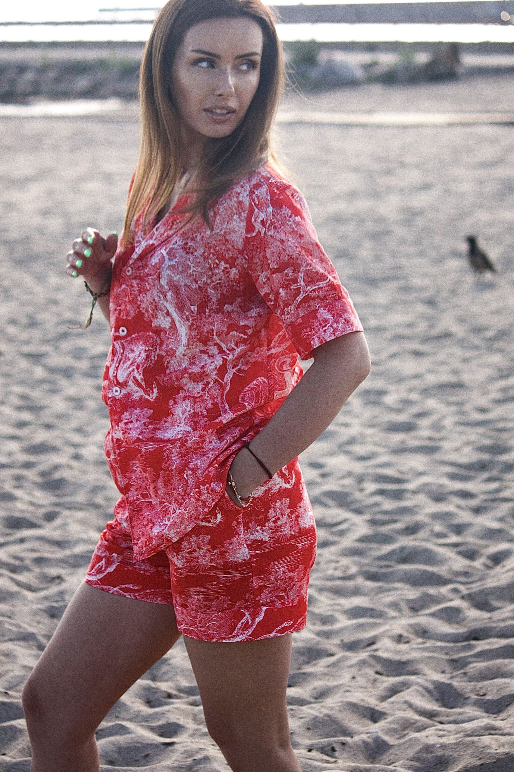 RED Linen Pajama Shorts Set