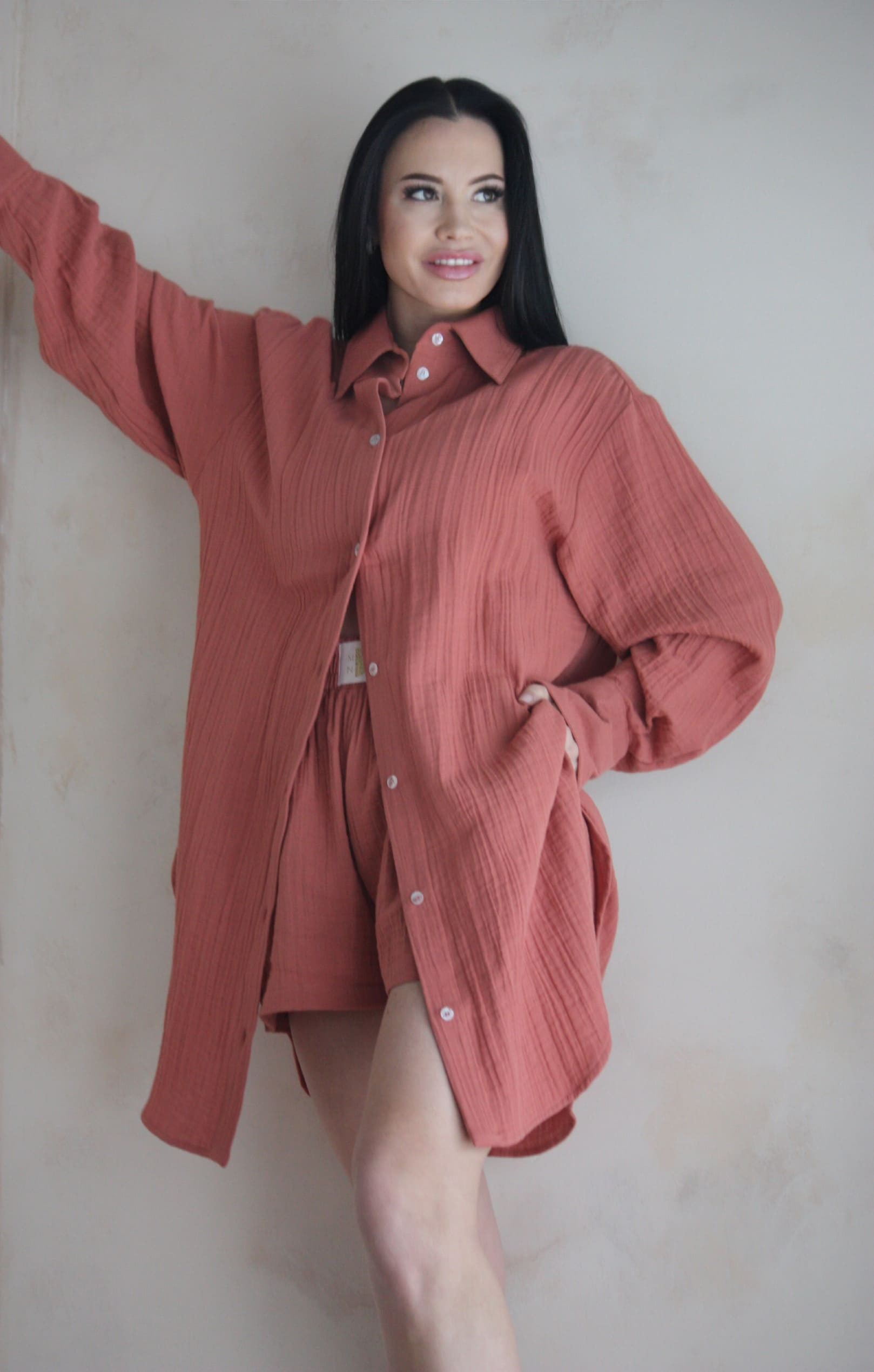 ROUGE KISS Muslin Elongated Shirt Shorts Set